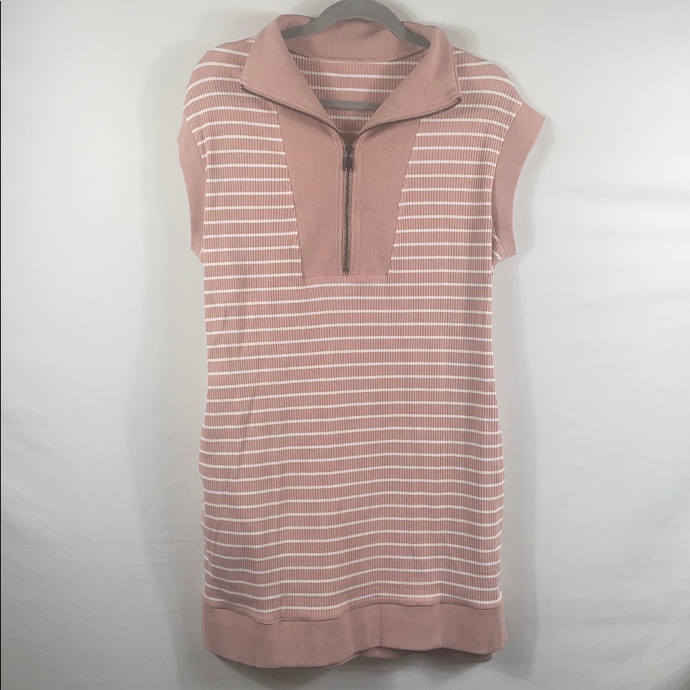 NWOT. Pink Striped Collared Sleeveless‎ Dress. 100% Cotton. Pockets. Size M